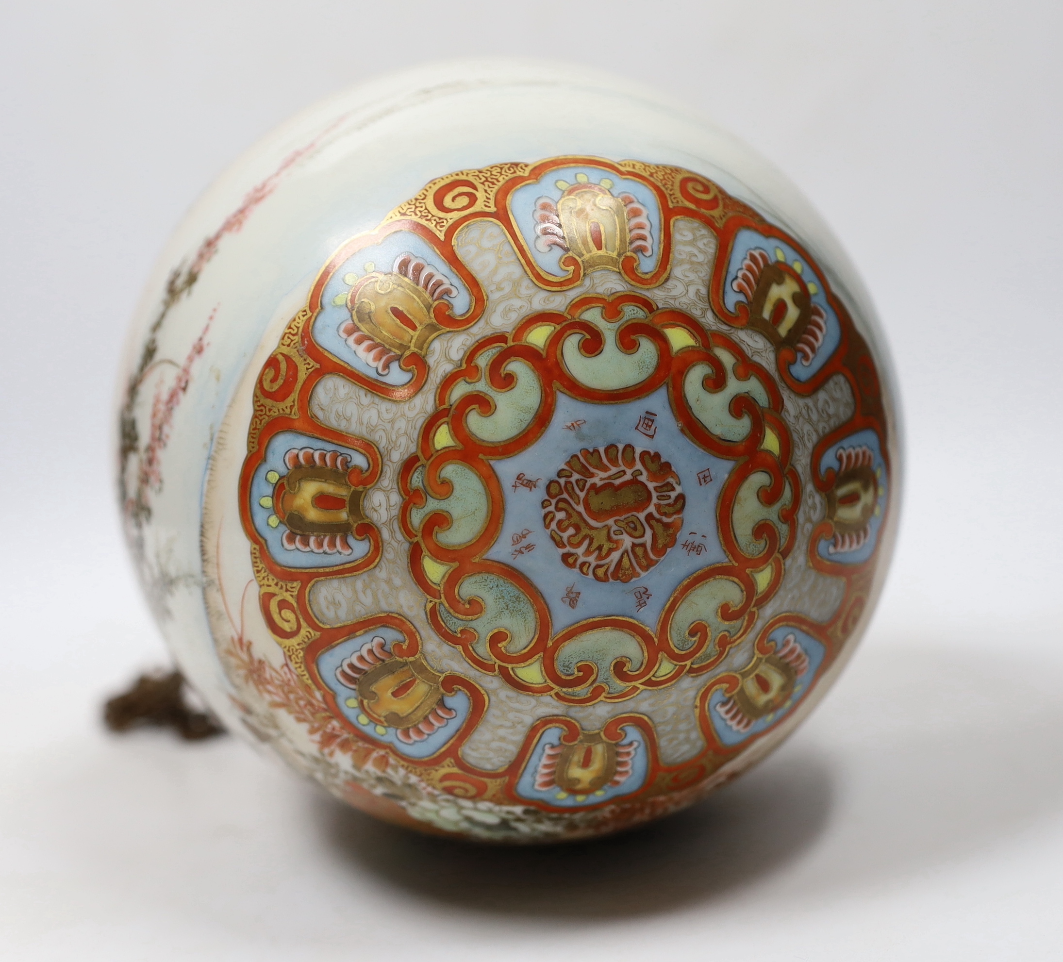 A Japanese Kutani hanging pot decorated with birds and flowers, Meiji period, 49cm high